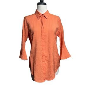 Ethyl Clothing Orange 3/4 Flared Sleeve Crinkly Button Up Blouse Small